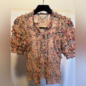 Rebecca Taylor floral short sleeve blouse with ruffles galore